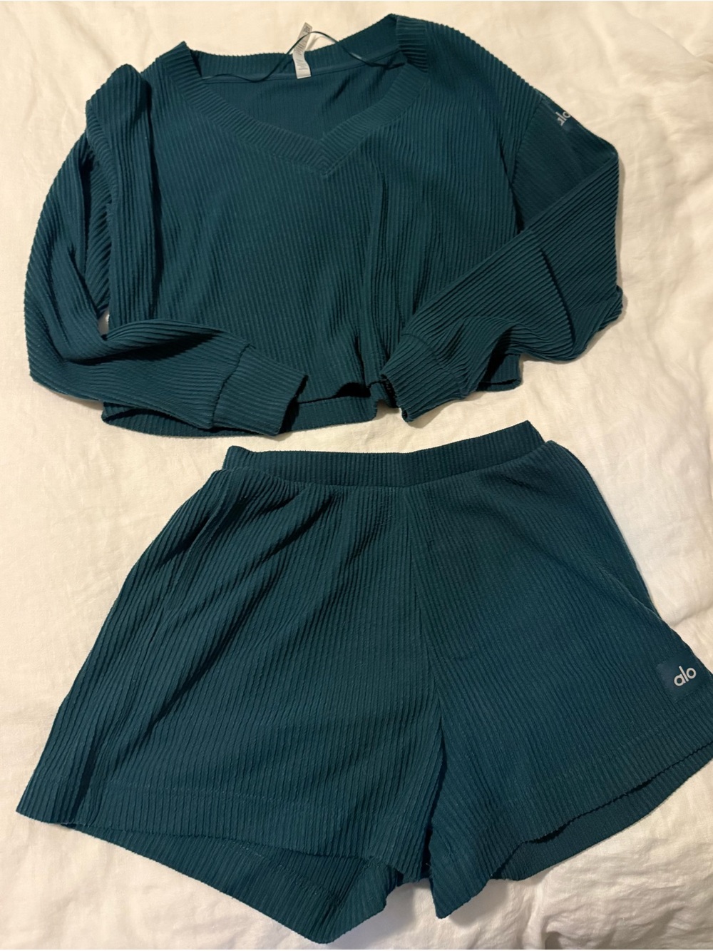 ALO Yoga Ribbed Top & Shorts Set in Teal Green
